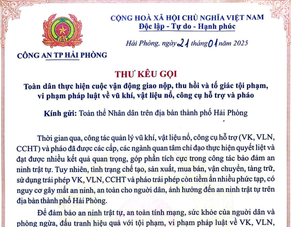 Thư kêu gọi toàn dân thực hiện cuộc vận động giao nộp, thu hồi và tố giác tội phạm, vi phạm pháp luật về vũ khí, vật liệu nổ, công cụ hỗ trợ và pháo